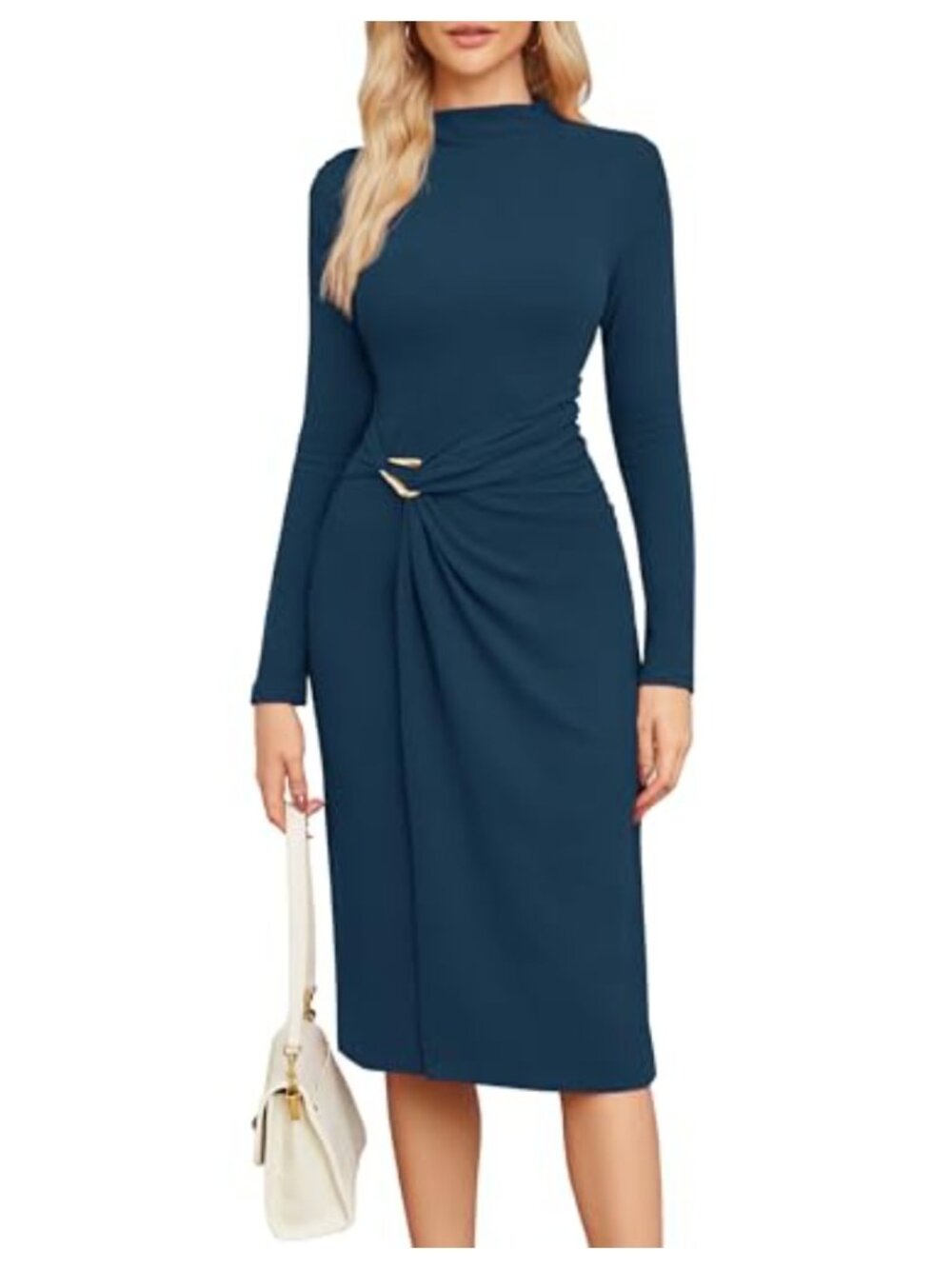 Women's Long Sleeve Midi Bodycon Dress Mock Neck Casual Semi-Formal